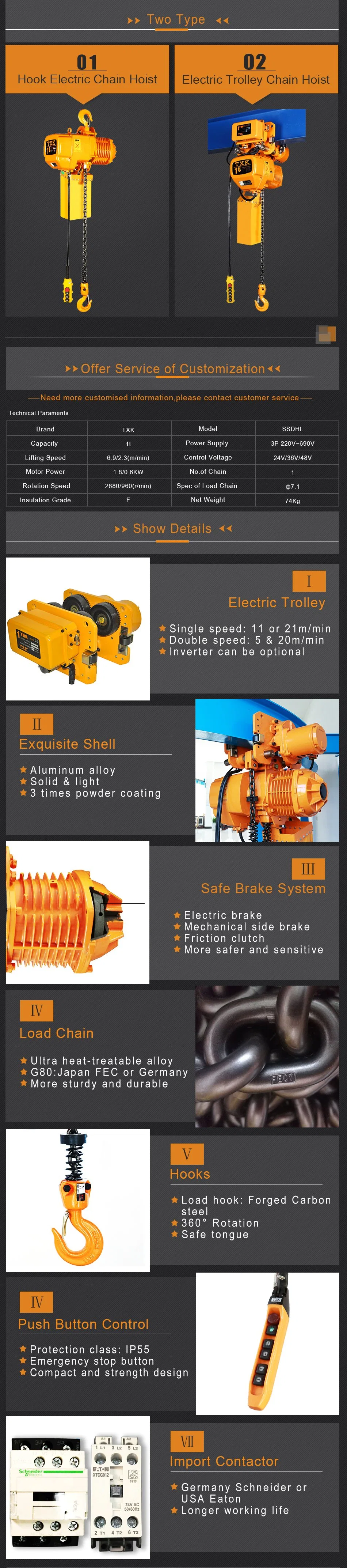 Txk Factory 1000kg Electrical Electric Chain Hoist for Overhead Bridge Crane