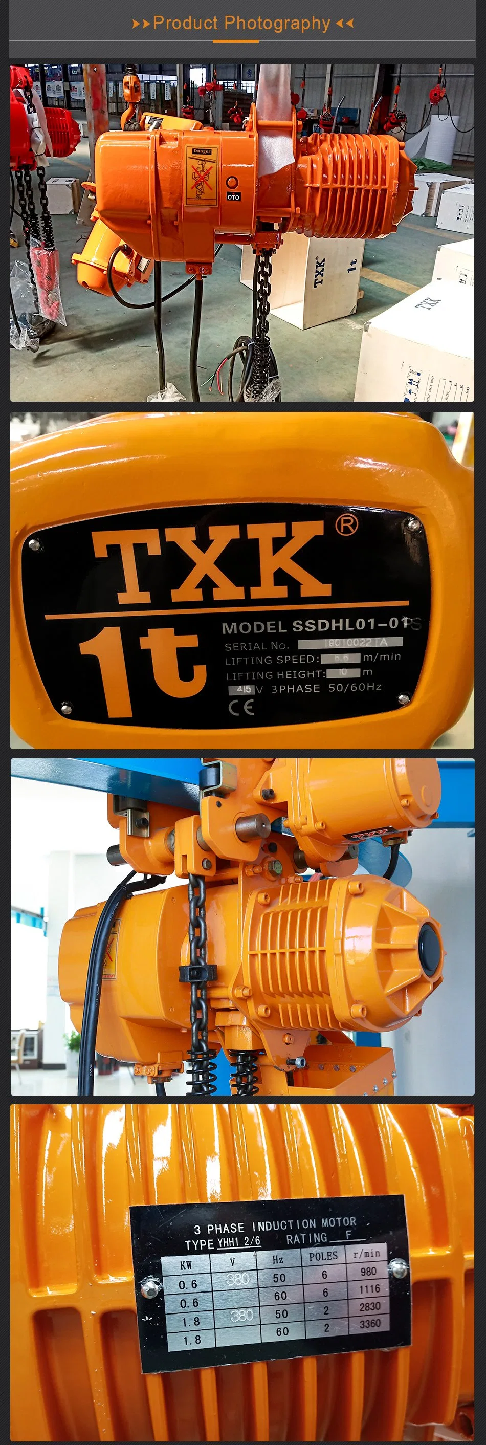 Txk Factory 1000kg Electrical Electric Chain Hoist for Overhead Bridge Crane